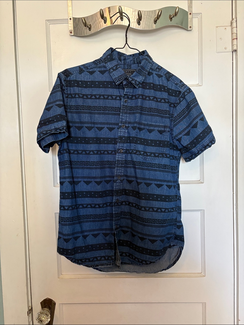 21 Men Men's Blue Short-Sleeve Patterned Button-Up Shirt Size M